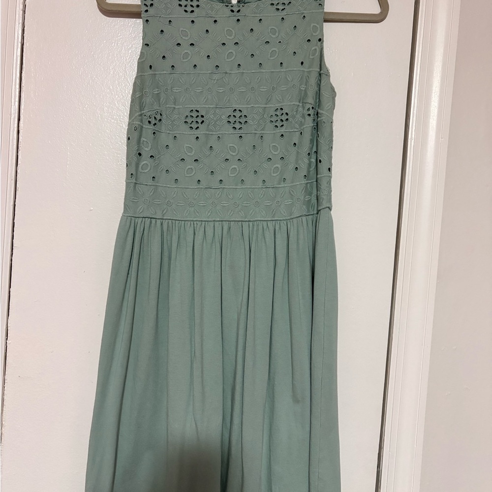 LOFT Sage Green Eyelet Sleeveless Midi Dress | Size 0